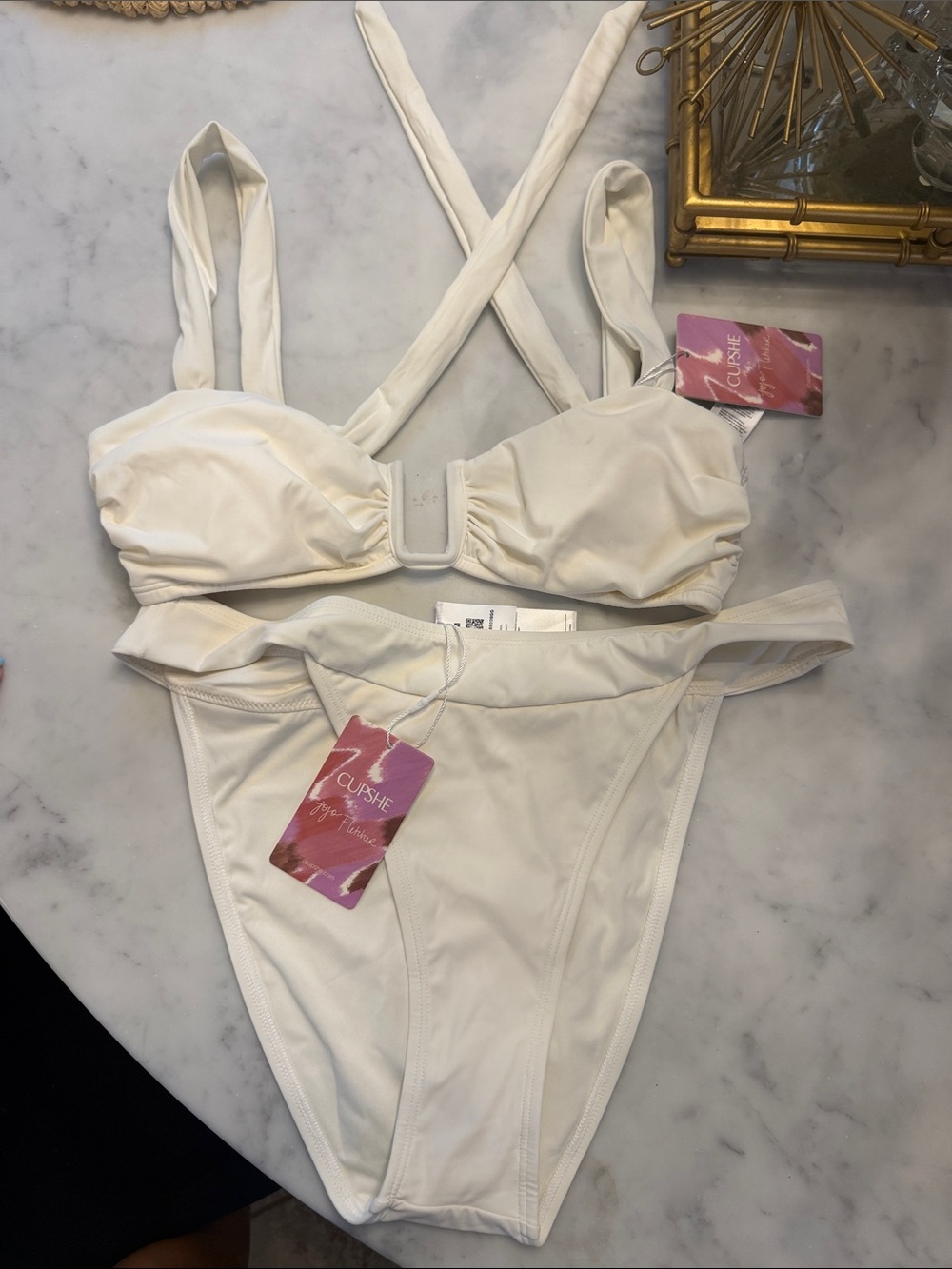 Cupshe Ivory Cross-Back Bandeau Bikini Set